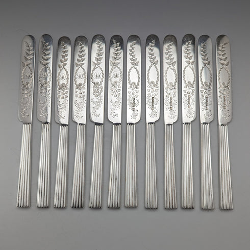 1880 年英國古董鍍銀甜點餐具 12 件套 Martin & Hall 木盒